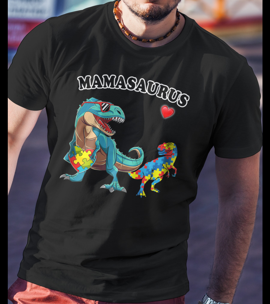 Mamasaurus Dinosaur Heart Puzzle Autism Awareness T-Shirt