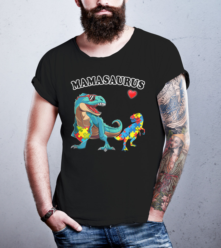 Mamasaurus Dinosaur Heart Puzzle Autism Awareness T-Shirt