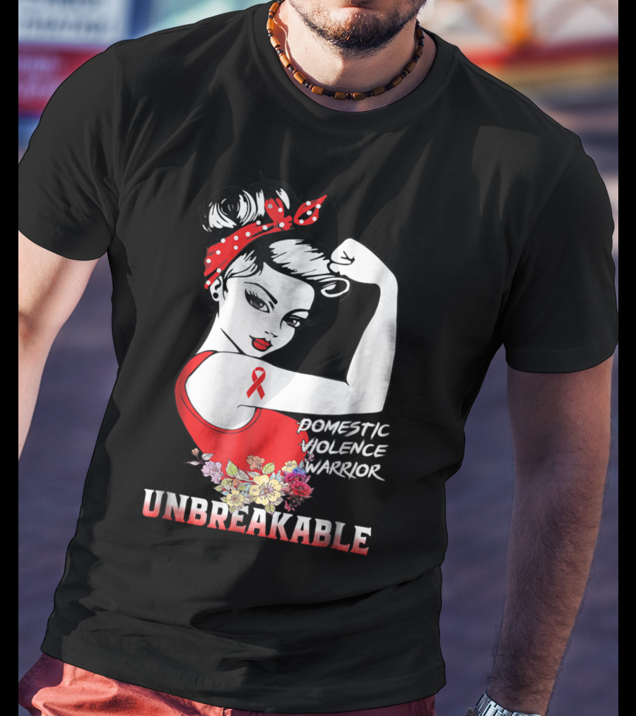 Domestic Violence Warrior Unbreakable Red Ribbon Rosie The Riveter Floral T-Shirt