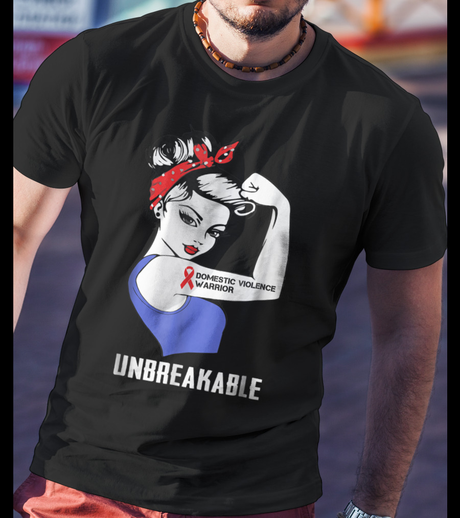 Domestic Violence Warrior Unbreakable Rosie Riveter Red Ribbon T-Shirt