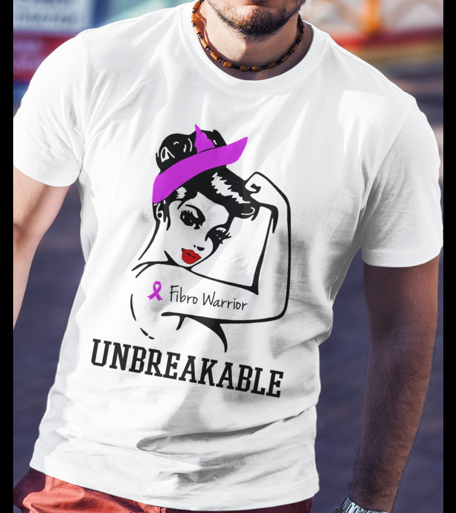 Fibro Warrior Unbreakable Strong Woman With Pink Ribbon And Purple Hair Bow T-Shirt