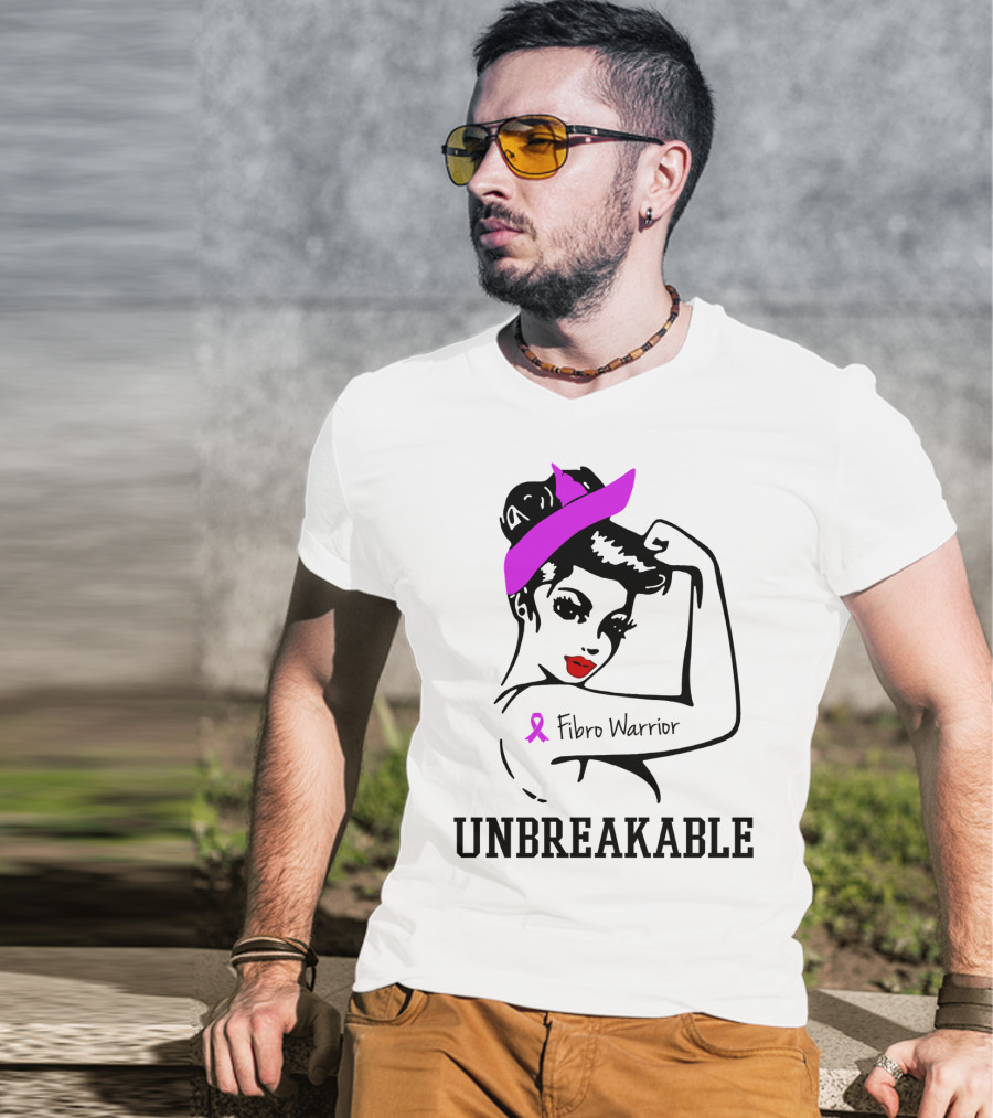 Fibro Warrior Unbreakable Strong Woman With Pink Ribbon And Purple Hair Bow T-Shirt