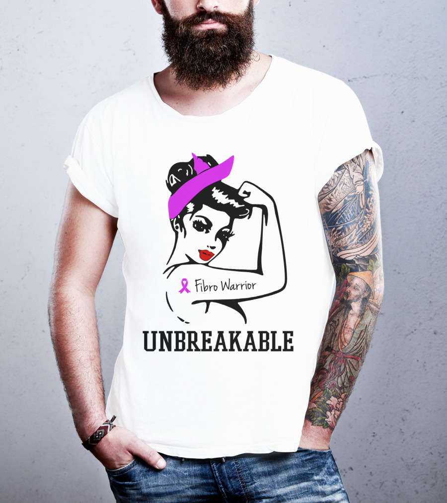 Fibro Warrior Unbreakable Strong Woman With Pink Ribbon And Purple Hair Bow T-Shirt