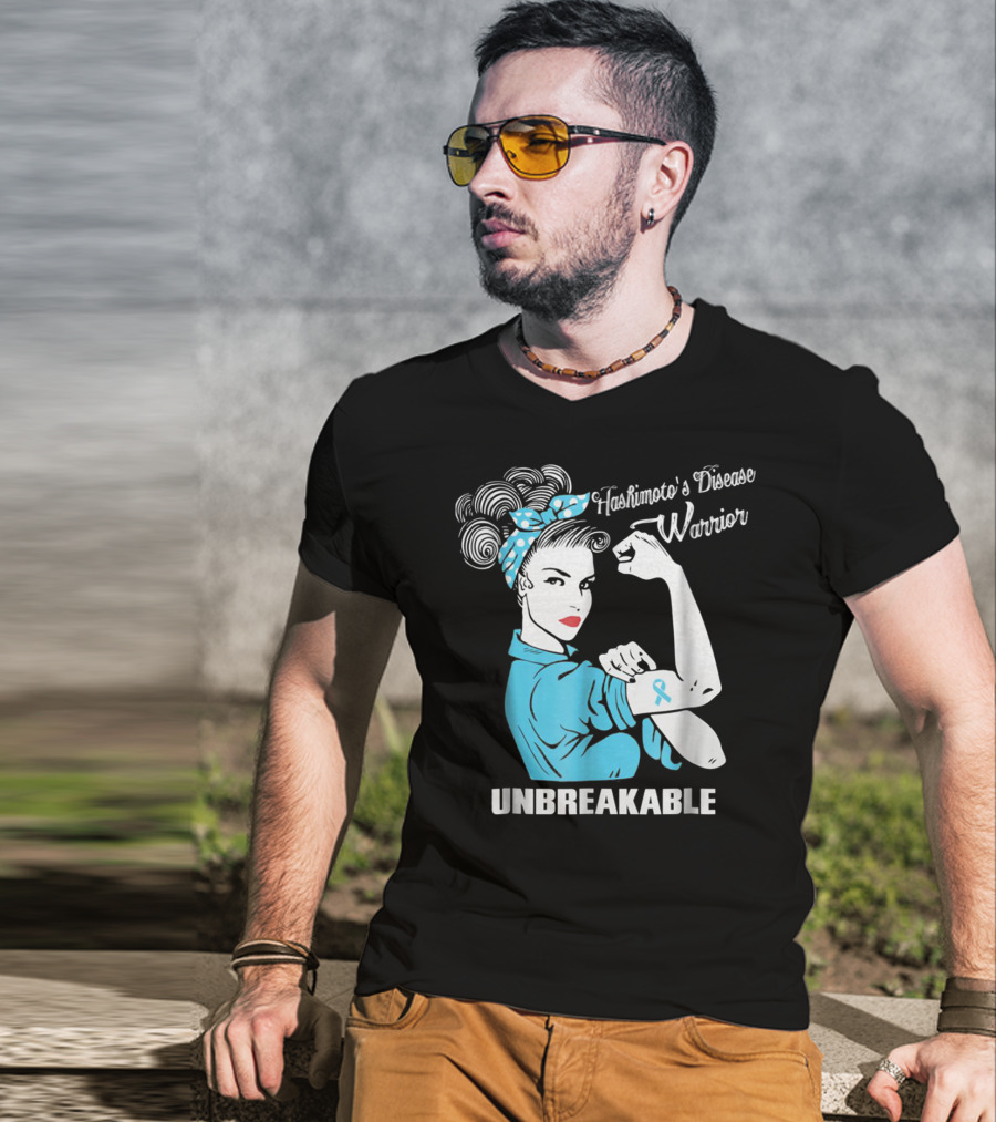 Hashimoto's Disease Warrior Unbreakable Rosie Riveter Style Blue Awareness T-Shirt
