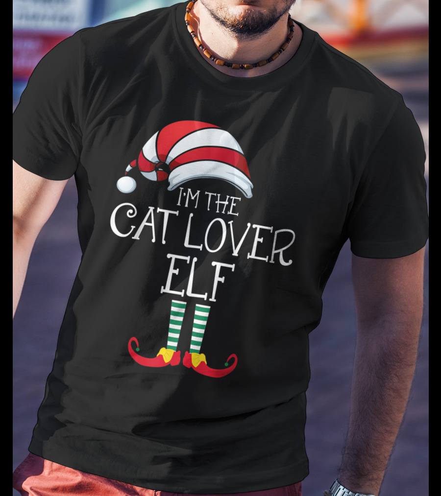 I'm The Cat Lover Elf Family Christmas Hat And Striped Socks T-Shirt