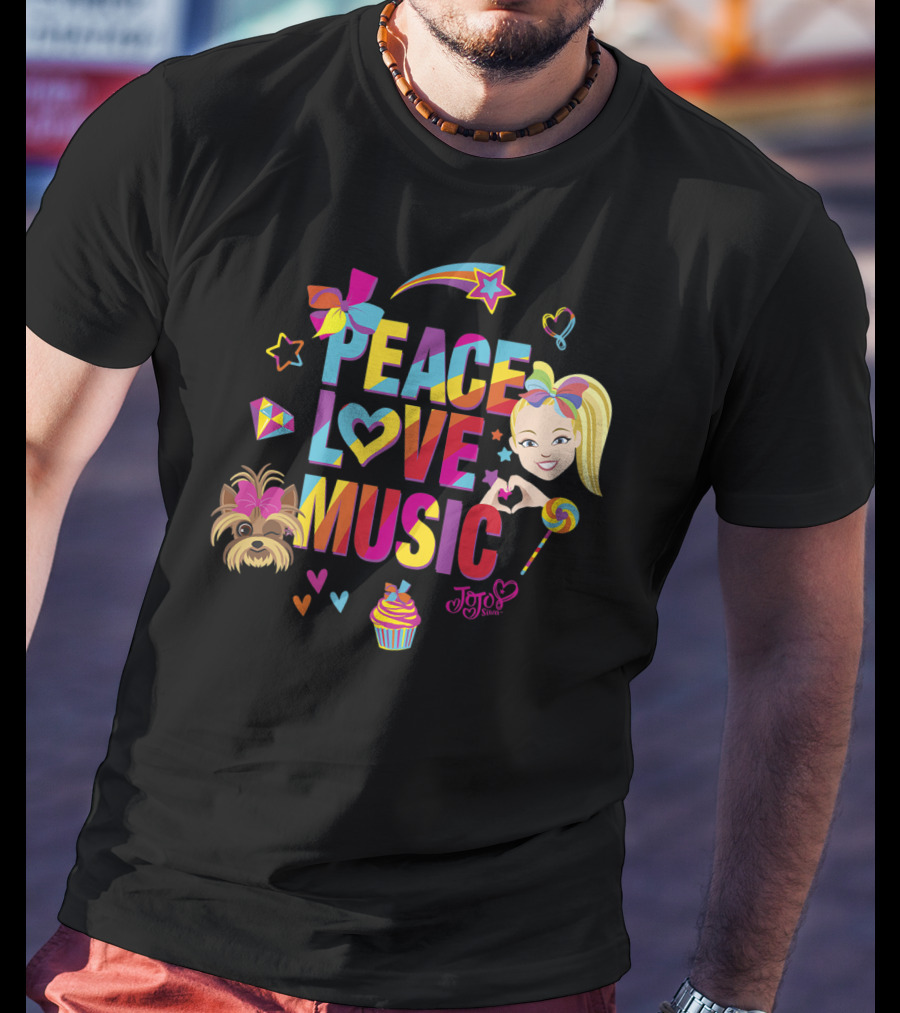 Jojo Siwa Peace Love Music Rainbow With Bow Stars Hearts Cupcake Puppy T-Shirt