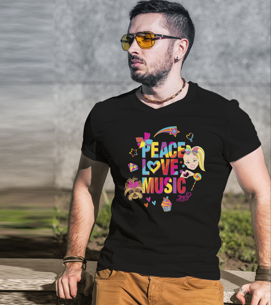 Jojo Siwa Peace Love Music Rainbow With Bow Stars Hearts Cupcake Puppy T-Shirt