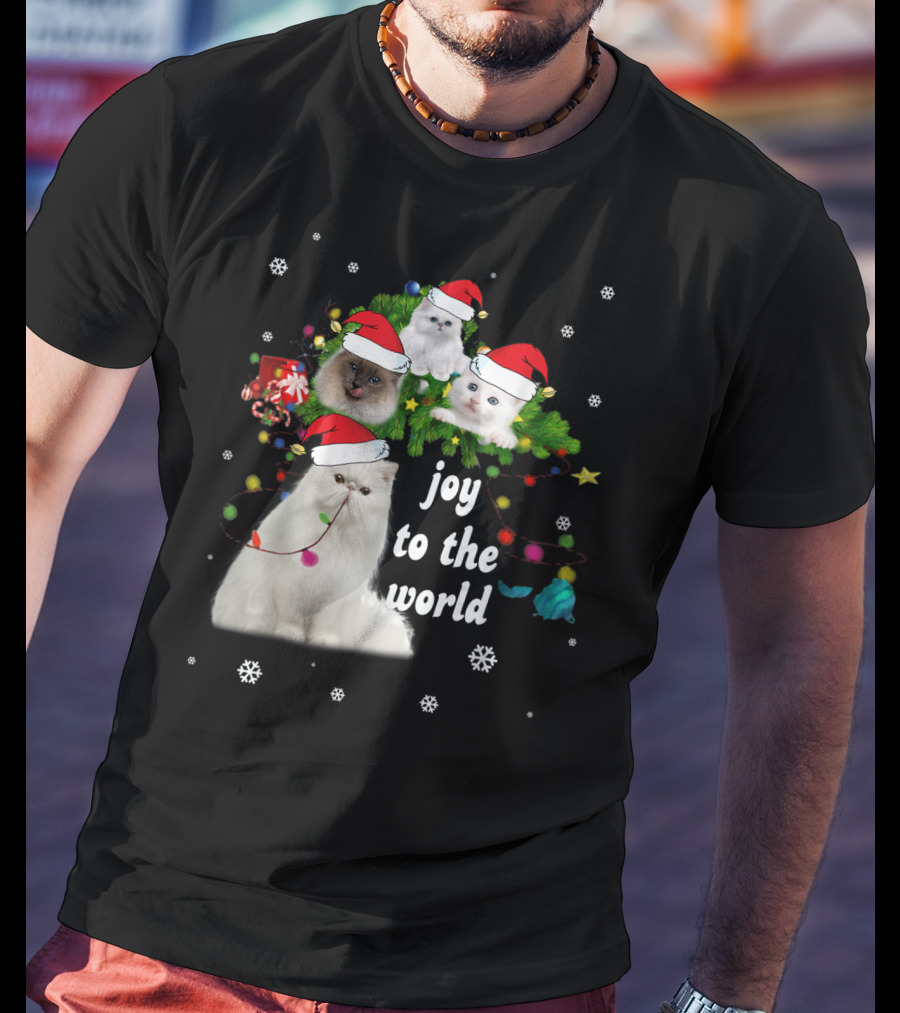 Joy To The World Christmas Cats With Santa Hats And Snowflakes T-Shirt