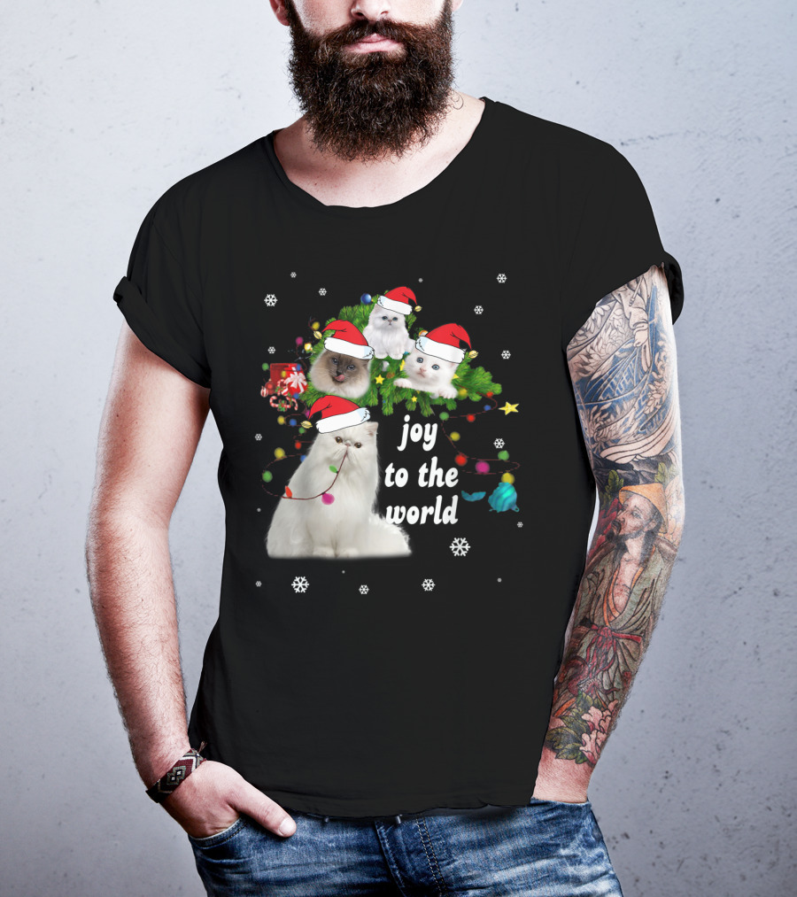 Joy To The World Christmas Cats With Santa Hats And Snowflakes T-Shirt