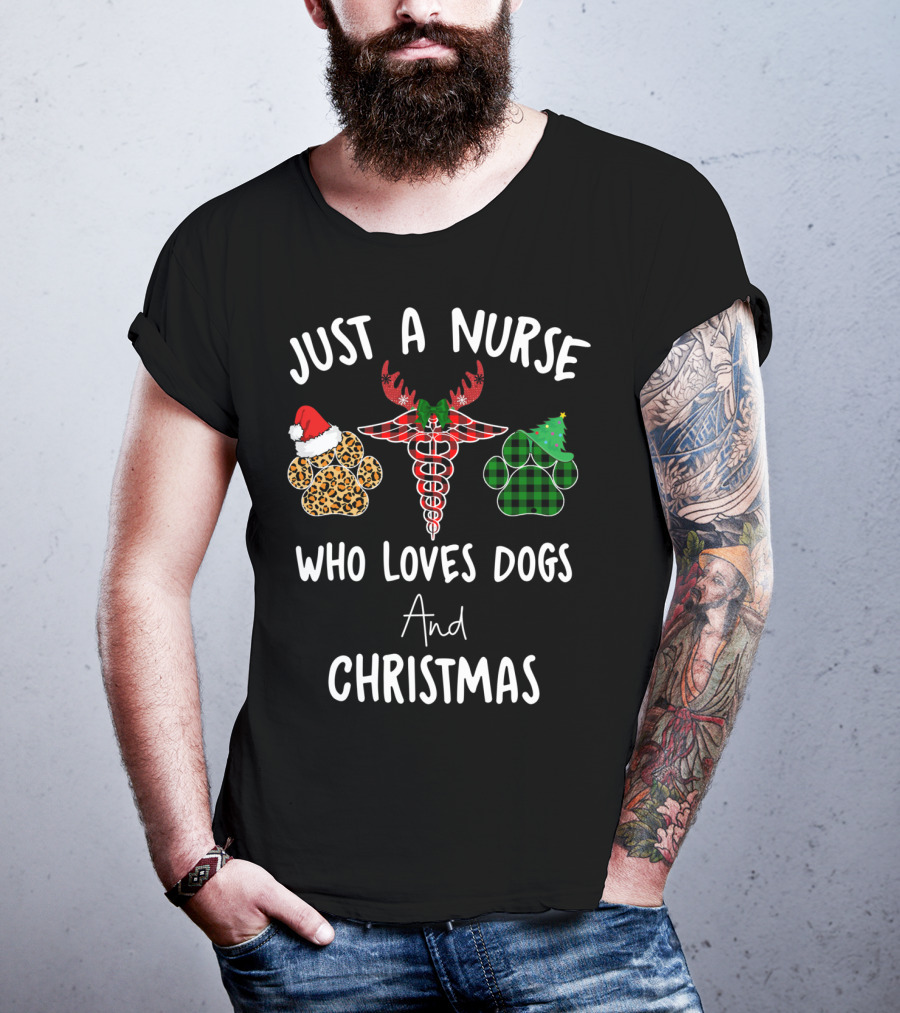 Just A Nurse Who Loves Dogs And Christmas T-Shirt