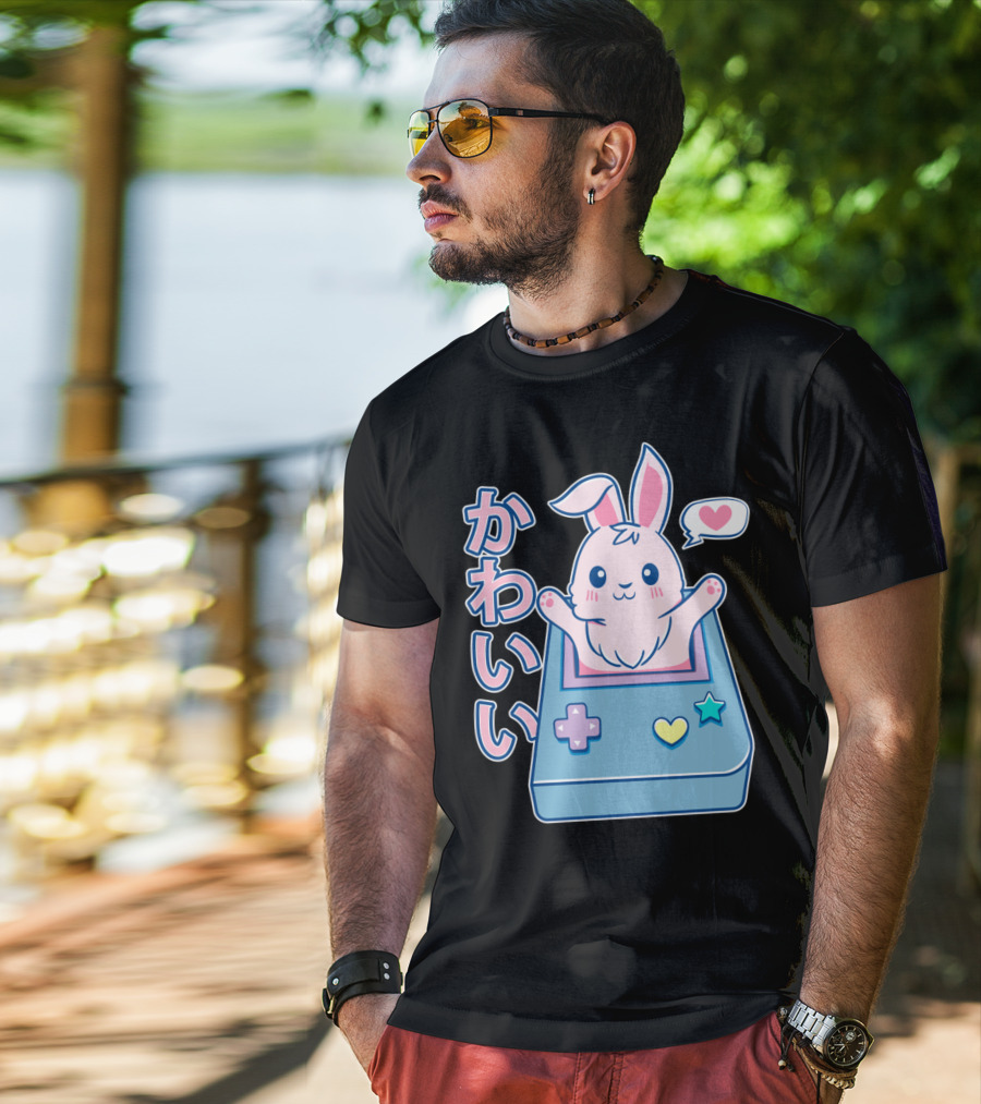 Kawaii Gamer Bunny Rabbit In Pastel Colors With Japanese Text And Game Console T-Shirt