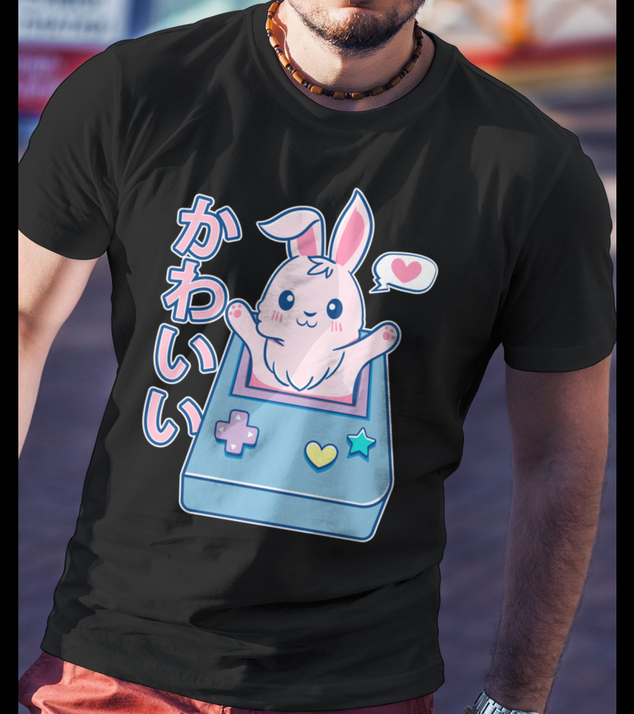 Kawaii Gamer Bunny Rabbit In Pastel Colors With Japanese Text And Game Console T-Shirt
