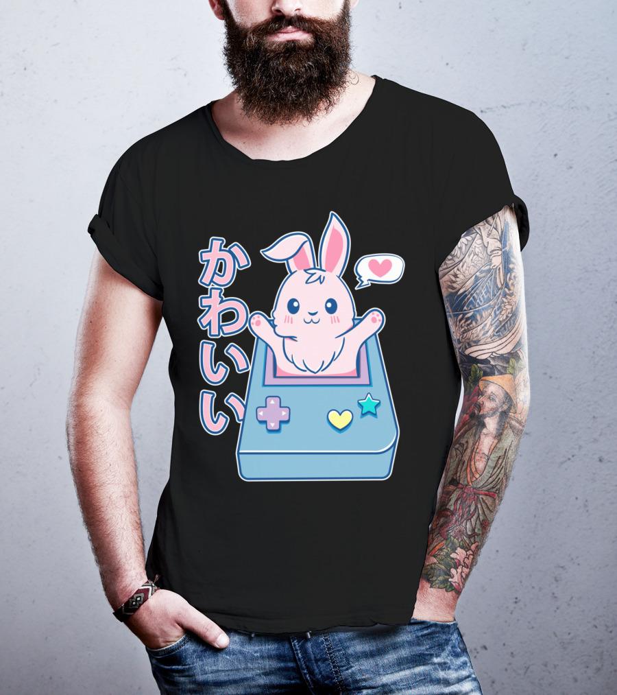 Kawaii Gamer Bunny Rabbit In Pastel Colors With Japanese Text And Game Console T-Shirt