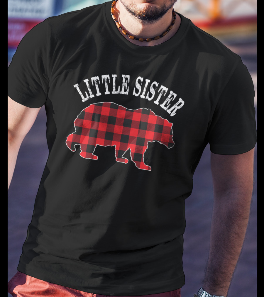Little Sister Red Black Buffalo Plaid Bear T-Shirt