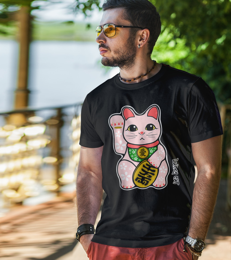 Lucky Cat Manekineko Japanese Love Prosperity Symbol Icon Floral T-Shirt