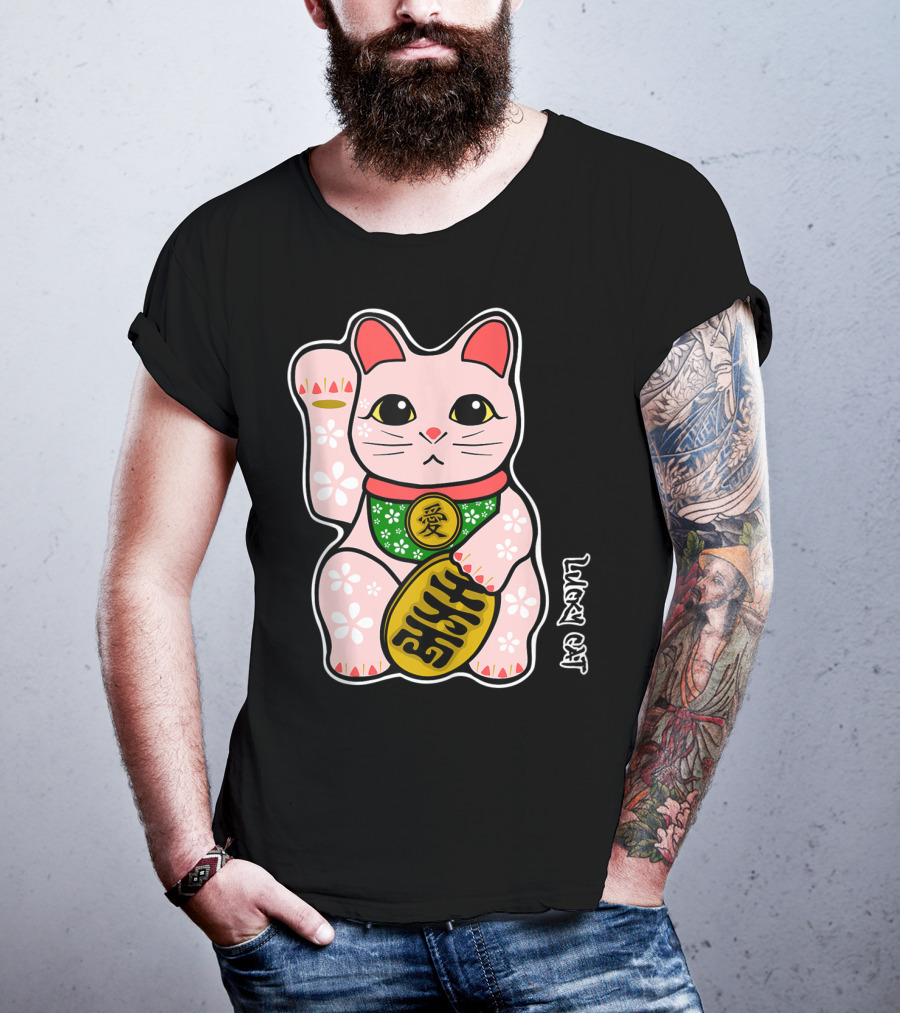 Lucky Cat Manekineko Japanese Love Prosperity Symbol Icon Floral T-Shirt