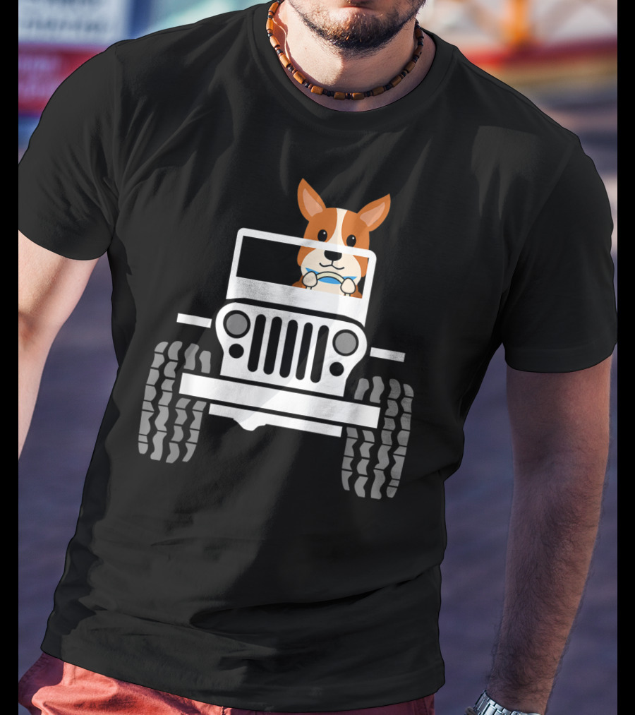 Mens Funny Cute Corgi Jeep Dog T-Shirt