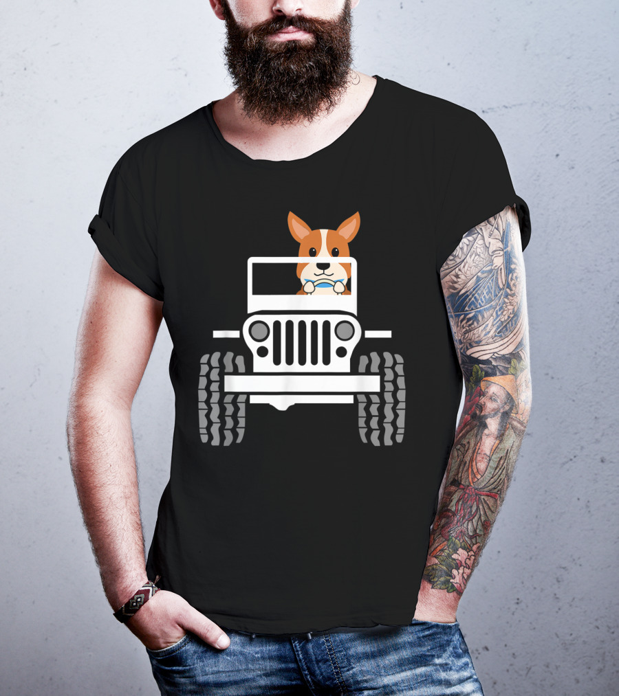 Mens Funny Cute Corgi Jeep Dog T-Shirt