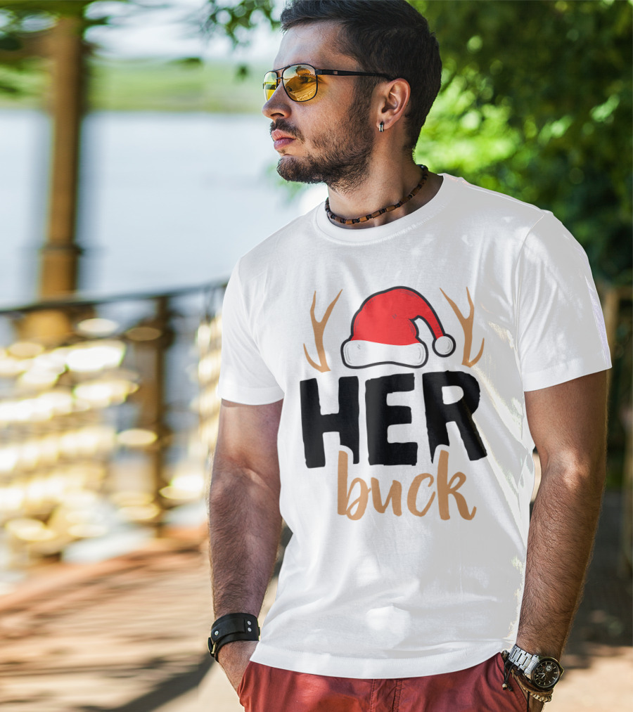 Her Buck Christmas Antlers Santa Hat Matching Mens T-Shirt