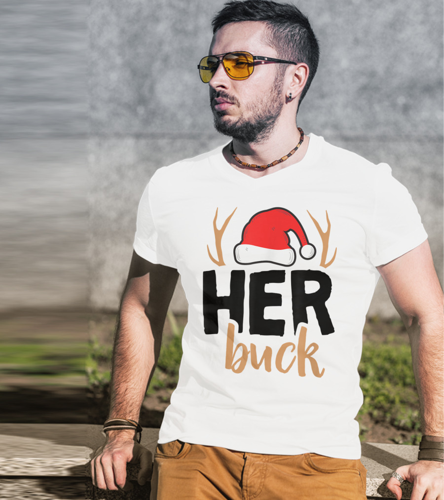 Her Buck Christmas Antlers Santa Hat Matching Mens T-Shirt