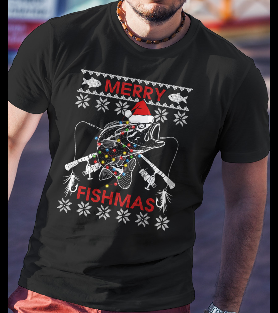 Merry Fishmas Ugly Xmas Santa Hat Bass With Fishing Rods And Lights T-Shirt