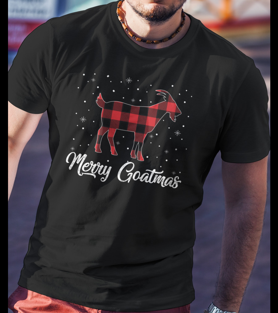Merry Goatmas Red Plaid Goat Snowflakes T-Shirt