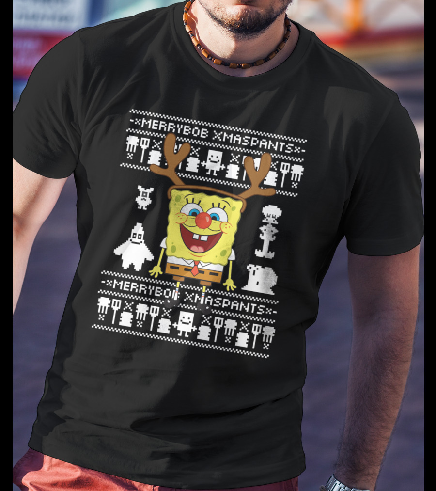 Merrybob Xmaspants Ugly Xmas SpongeBob Reindeer Pixel T-Shirt