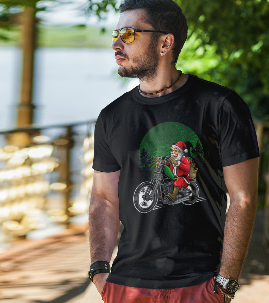 Motorcycle Santa Riding Through Festive Forest T-Shirt