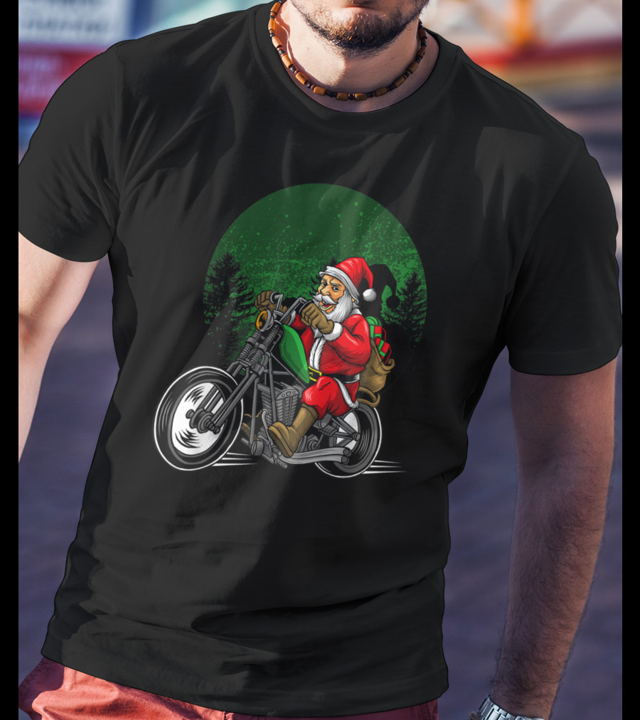 Motorcycle Santa Riding Through Festive Forest T-Shirt