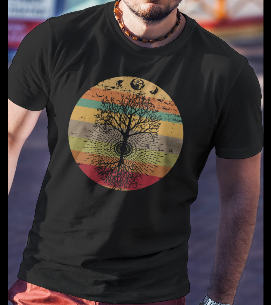 Phases Of The Moon Retro Tree With 60s 70s Vibe Rainbow Stripes T-Shirt