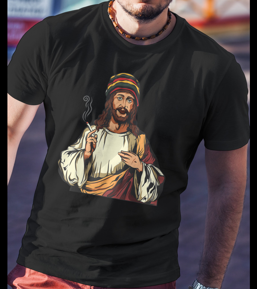 Pot Smoking Jesus Christ Cannabis Weed Rasta Hat Smoking Joint T-Shirt