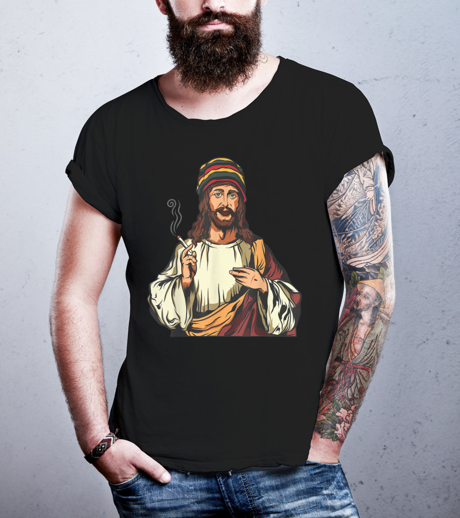 Pot Smoking Jesus Christ Cannabis Weed Rasta Hat Smoking Joint T-Shirt