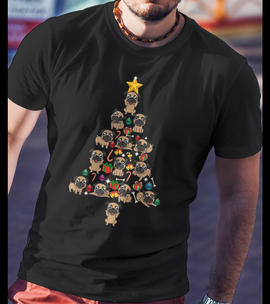 Funny Pug Christmas Tree With Presents And Candy Canes T-Shirt
