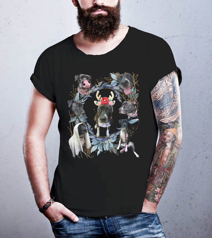 Puppy Holiday Antler Flower Dog Faces Wreath T-Shirt
