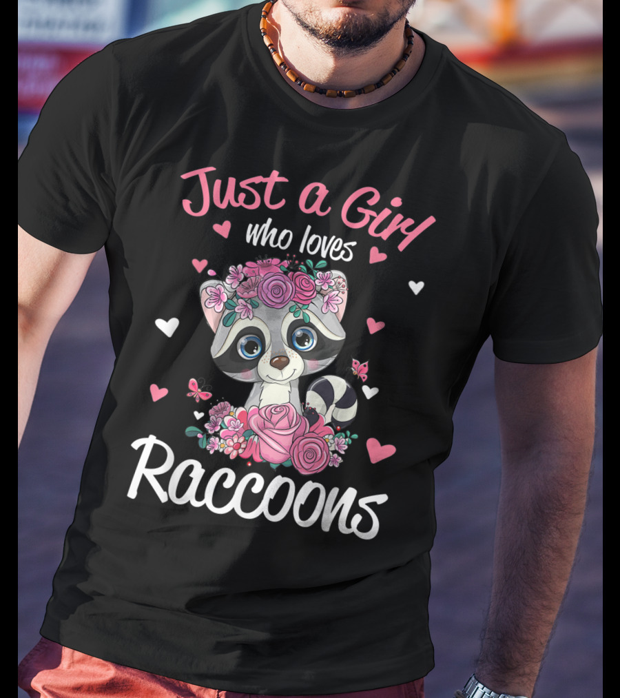 Just A Girl Who Loves Raccoons Floral Hearts T-Shirt