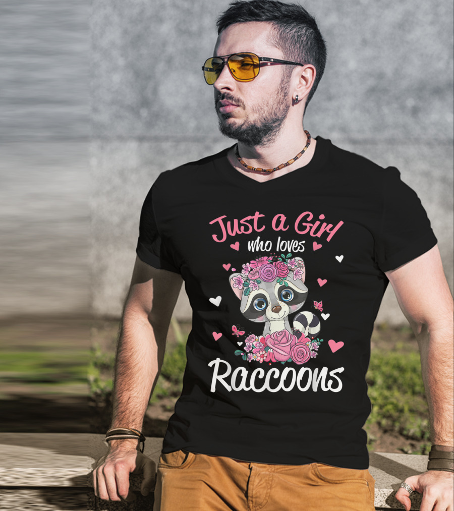 Just A Girl Who Loves Raccoons Floral Hearts T-Shirt