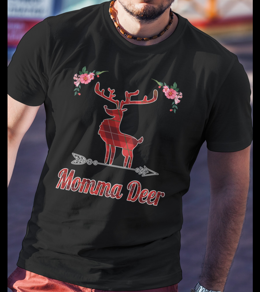 Red Plaid Momma Deer Buffalo Reindeer Floral T-Shirt