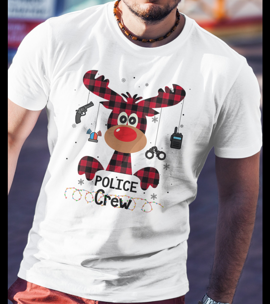 Red Plaid Reindeer Face Police Crew With Holiday Lights And Law Enforcement Icons T-Shirt