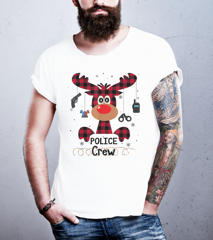 Red Plaid Reindeer Face Police Crew With Holiday Lights And Law Enforcement Icons T-Shirt