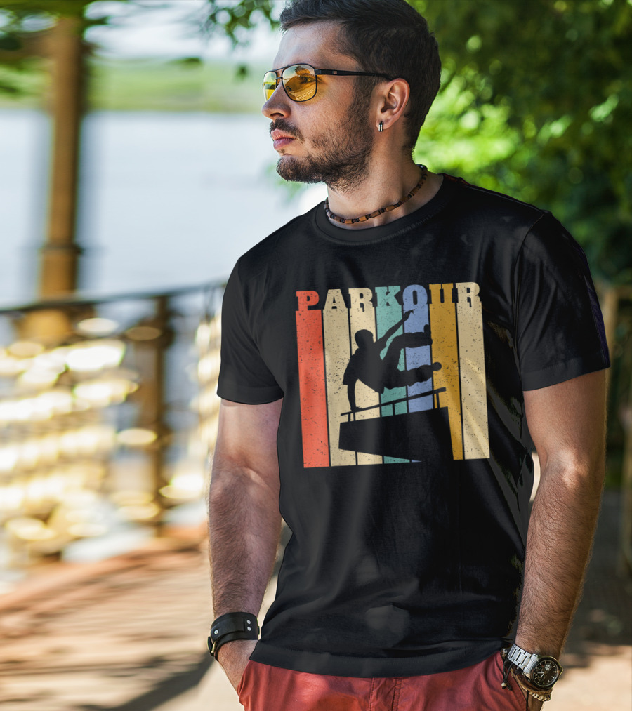 Retro Parkour Silhouette Against Striped Vintage Backdrop T-Shirt