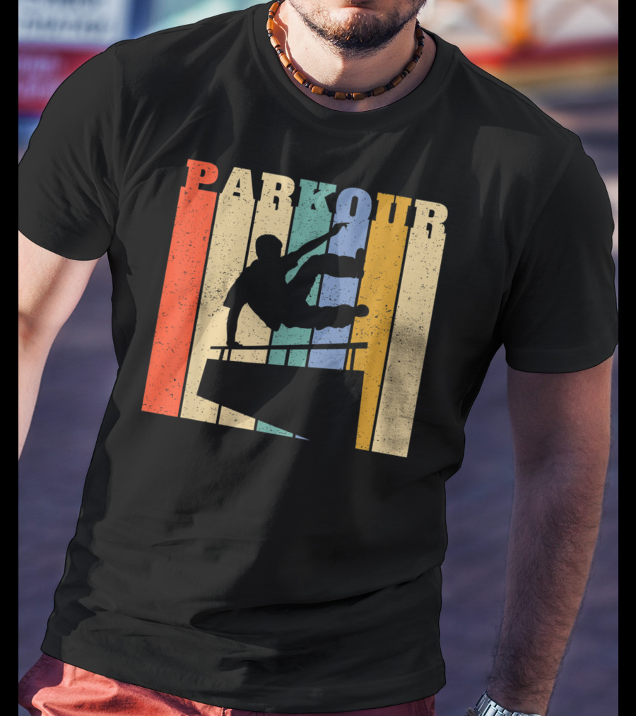 Retro Parkour Silhouette Against Striped Vintage Backdrop T-Shirt