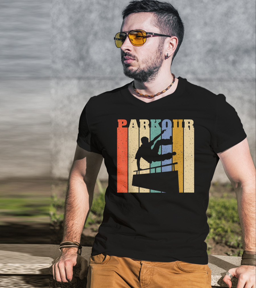 Retro Parkour Silhouette Against Striped Vintage Backdrop T-Shirt