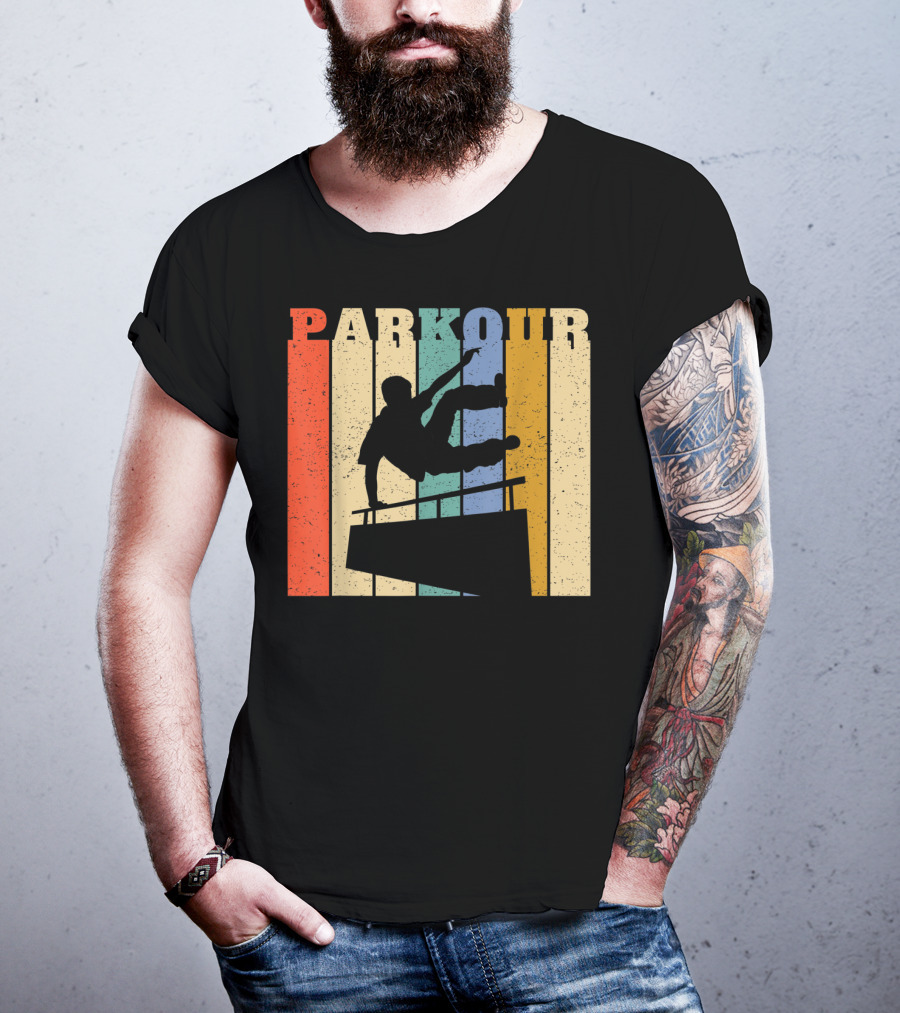 Retro Parkour Silhouette Against Striped Vintage Backdrop T-Shirt