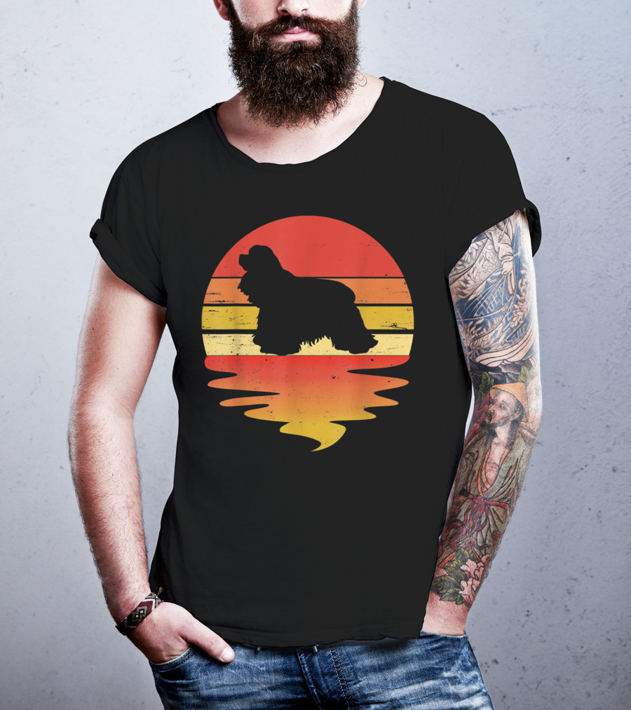 Retro Sunset Cocker Spaniel Silhouette Vintage 70s Style Dog Scene T-Shirt