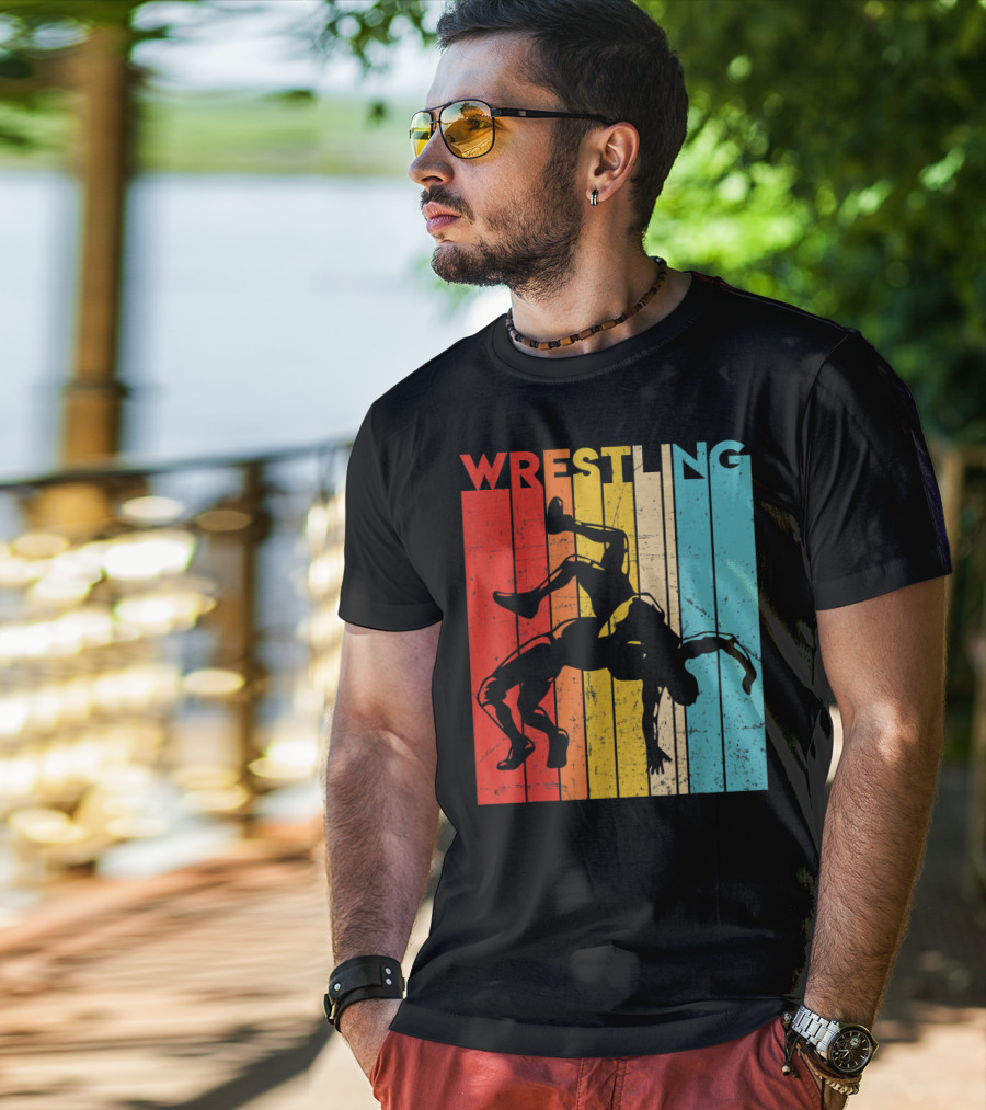 Wrestling Retro Vintage Silhouette Players On Colorful Stripes T-Shirt