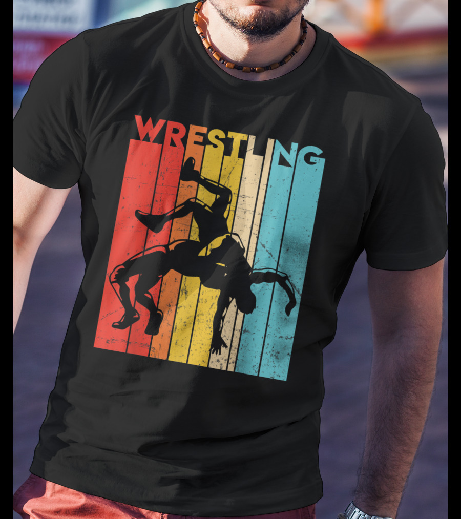 Wrestling Retro Vintage Silhouette Players On Colorful Stripes T-Shirt