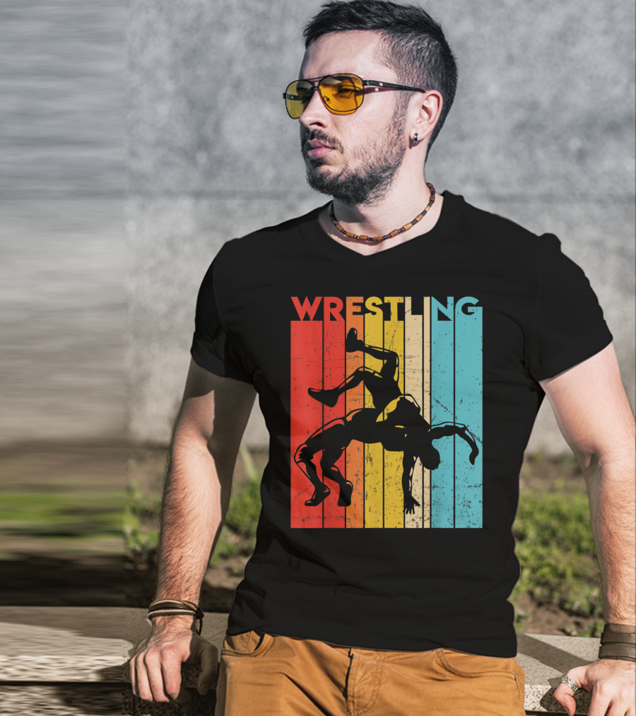 Wrestling Retro Vintage Silhouette Players On Colorful Stripes T-Shirt