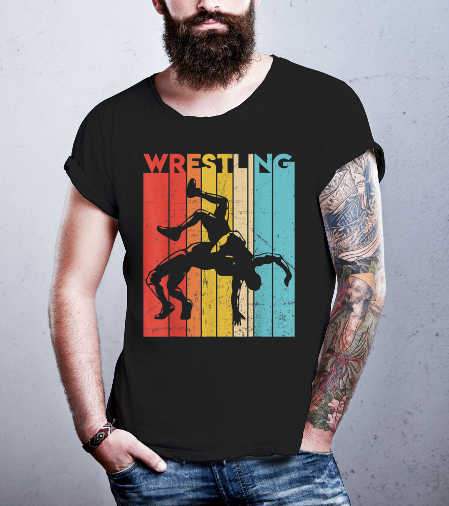 Wrestling Retro Vintage Silhouette Players On Colorful Stripes T-Shirt