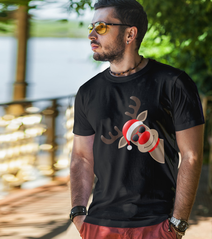 Rudolph Red Nose Reindeer Santa Hat Sunglasses T-Shirt