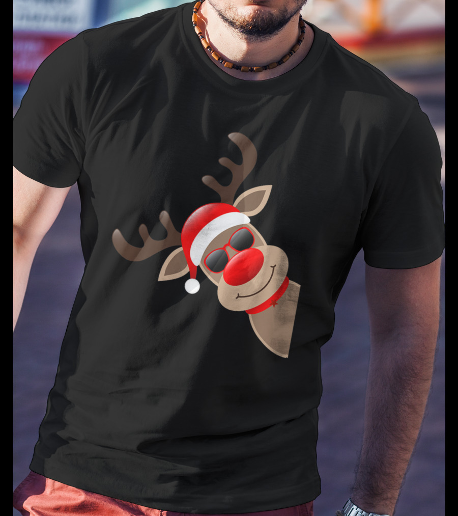 Rudolph Red Nose Reindeer Santa Hat Sunglasses T-Shirt
